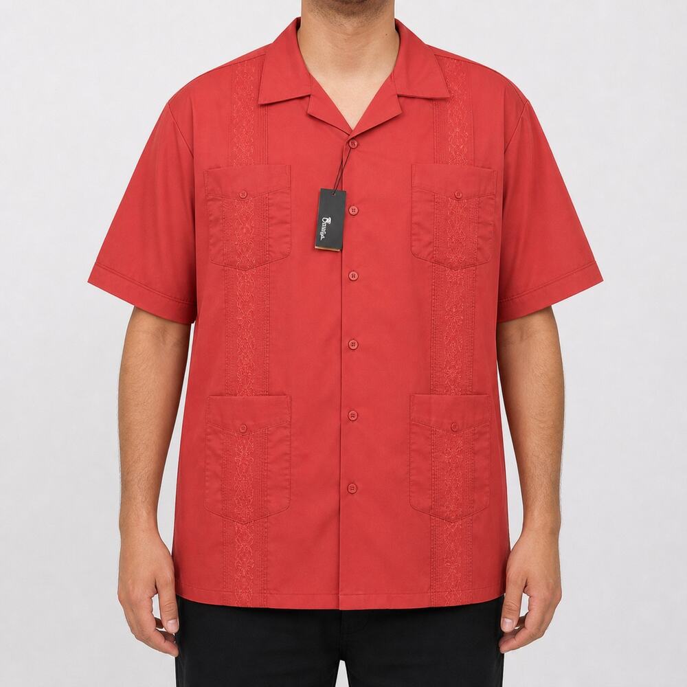 NEW Omega Fashion Shirt Mens 3XL Red Guayabera Cuban Short Sleeve Embroidered